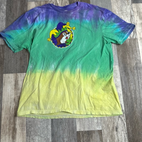 Tops - Buc-ees Large Tie Dye Mardi Gras Shirt Peace Love Mardi Gras Purple Yellow Green